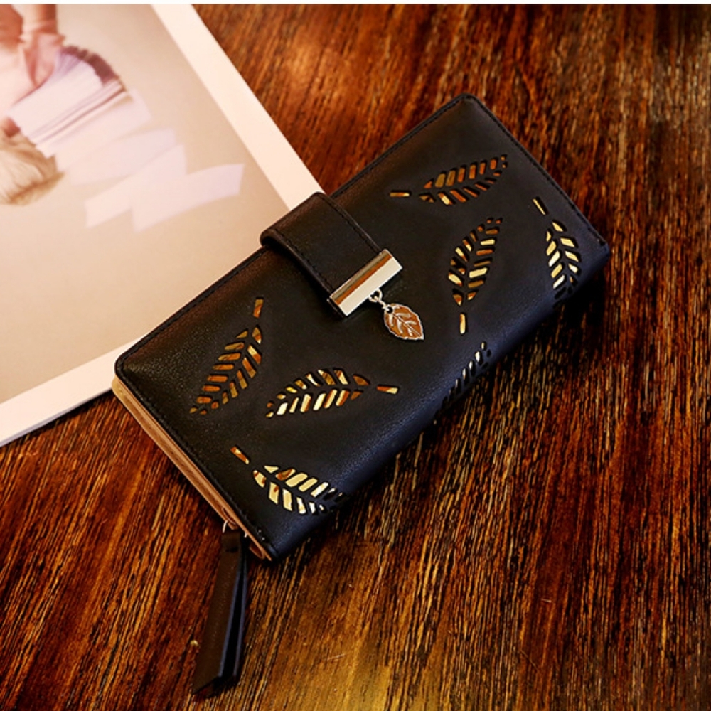 Womens Leave Design Pu Leather Zipper Black Buckle Wallet - Picture 4 of 5